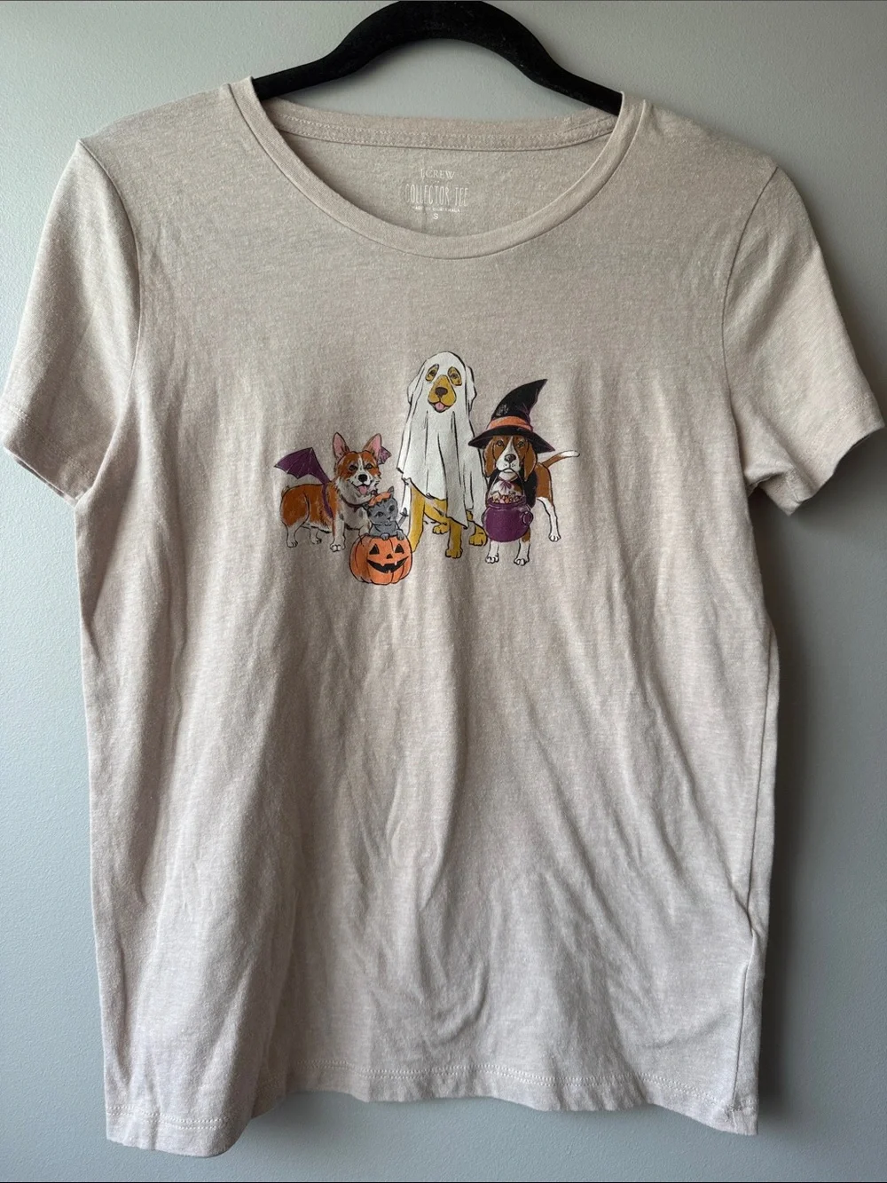 J. Crew Collectors Tee Beige Halloween Dogs pumpkin corgi retriever small